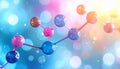 Abstract molecular structure with pink and blue spheres and bokeh lights molecule Royalty Free Stock Photo