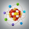 Abstract molecule model consisting of colored spheres. 3D illustration