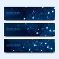 Abstract molecules banners set with lines, dots, circles, polygons. Vector design network communication background