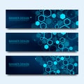 Abstract molecules banners set with lines, dots, circles, polygons. Vector design network communication background Royalty Free Stock Photo