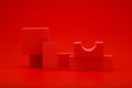 Abstract monochromatic still life in red colors with multiple geometric figures on red background