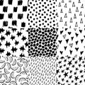 Abstract monochrome hand drawn ink black and white seamless patterns set. Brush doodle vector repeated illustration for Royalty Free Stock Photo