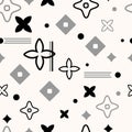 Abstract Monochrome Seamless geometric pattern in black, gray, and white with abstract flowers. Vector Royalty Free Stock Photo