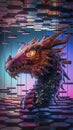An abstract mosaic art piece with a profile face of a glitch-core dragon with fiery eyes.