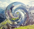 Collage with the landscape and the sacred geometry symbol spiral Royalty Free Stock Photo