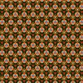 Abstract mosaic fabric pattern with orange, red, yellow geometric motifs on a black background Royalty Free Stock Photo