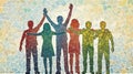 Diverse group of people in abstract mosaic patterns representing unity and community with hands raised and arms linked Royalty Free Stock Photo