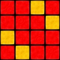 Abstract red yellow mosaic tiles with black mortar rendered repeatable pattern