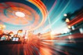 abstract motion blur of carousel in city at night time. Abstract Blur Image Of Illuminated Ferris Wheel In Amusement Park, AI Royalty Free Stock Photo