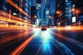 Abstract motion blur city. Colored halation from car beam and traffic light. Night traffic light trails in the city Royalty Free Stock Photo