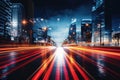 Abstract motion blur city. Colored halation from car beam and traffic light. Night traffic light trails in the city Royalty Free Stock Photo