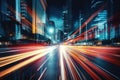 Abstract motion blur city. Colored halation from car beam and traffic light. Night traffic light trails in the city Royalty Free Stock Photo