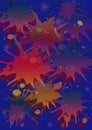 Motley blue background with bright colored splashes, ovals, blots and snowflakes