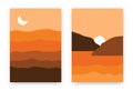 Abstract mountain backgrounds. Hand drawn poster set with hills, river, clouds, sun, moon scandinavian style. Vector wall decor Royalty Free Stock Photo