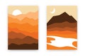 Abstract mountain backgrounds. Set of hand drawn posters with hills, river, clouds sun, moon scandinavian style. Vector wall decor Royalty Free Stock Photo