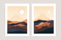 Abstract mountain landscape posters. Contemporary nature sun moon print design, boho minimalist wall decor. Vector set