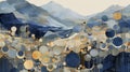 Abstract Mountain Paintings With Gold And Blue Circles