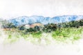 abstract mountain range on watercolor illustation paintingbackground on digital art concept