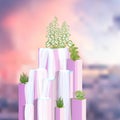 Abstract mountain with trees, plants and a waterfall. Surrealistic mountain landscape. Vector illustration