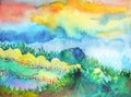 Abstract mountain watercolor painting landscape hand drawn