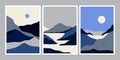 Abstract mountains landscapes. Modern scandinavian art with nordic hills silhouettes, moon sun, nature background travel