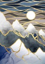 Abstract mountains with sun and clouds in japanesse style. Gold, mural and watercolor texture mountain. Picture for