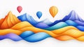 Abstract mountains in vivid layered waves hot air balloons floating above in colorful minimal vector style offering imaginative