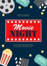 Abstract Movie Night Cinema Flat Background with Reel, Old Style Ticket, Big Pop Corn and Clapper Symbol Icons. Vector Royalty Free Stock Photo