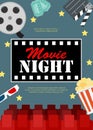 Abstract Movie Night Cinema Flat Background with Reel, Old Style Ticket, Big Pop Corn and Clapper Symbol Icons. Vector