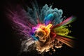 abstract multi-colored explosion on black background with lots of colorful fume