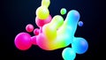 Abstract 3d background with beautiful colorful gradient on metaball, spheres circulate in air with inner glow, merge