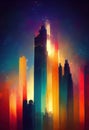 Abstract multicolor night metropolis. Starry rainbow cityscape. Imitation of modern painting. AI-generated