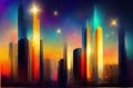 Abstract multicolor night metropolis. Starry rainbow cityscape. Imitation of modern painting. AI-generated