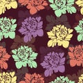 Abstract multicolored flowers seamless pattern. Vintage floral background. Multicolor buds on a burgundy . For the fabric design, Royalty Free Stock Photo