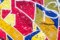 Abstract multicolored graffiti drawings. Wall painting yellow, red and blue. Cement background with texture