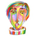 Abstract multicolored human head painted with colored pencils with short hair and indifferent eyes, dressed in a sweater with a