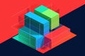 Abstract multicolored isometric parallelepipeds with geometric white lines on a blue-red background, created with Generative AI