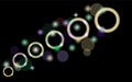 Abstract, multicolored, neon, bright, glowing circles, balls, bubbles, planets with stars on a black background of space. Royalty Free Stock Photo