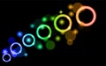 Abstract, multicolored, neon, bright, green, green, blue glowing circles, balls, bubbles, planets with stars on a black background Royalty Free Stock Photo