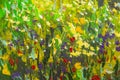Abstract multicolored summer flowers. Glade of spring flowers. Enlarged Fragment of the picture. Expressionism with acrylic. Natur