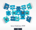 Abstract multimedia background with connected color puzzles, integrated flat icons. 3d infographic concept with technology