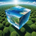 Abstract multiverse with cubic landscape of nature and city Creative surreal earth environment by puzzle artwork