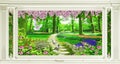 Abstract mural IllustrationBeautiful view of landscape from the old arches, tree , birds and flowers . 3d mural art for home decor Royalty Free Stock Photo