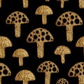 Abstract mushrooms pattern. Gold hand pained seamless background.