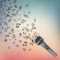 Abstract music background with notes and microphone. Musical backdrop. Music Notes isolated. Music microphone object
