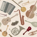 Abstract Music Background. Seamless texture with musical instruments. Musical tiled pattern. Royalty Free Stock Photo