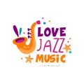 Abstract music logo with saxophone for jazz live concert. Creative vector design for invitation card, promo poster