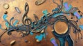 Abstract Music - Metallic Copper Artwork Features Flowing Musical Notes And Turquoise Splashes Creating Dimensional Harmony