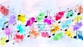 Vector Black Music Notes in Colorful Watercolor Spatters and Splashes Background Royalty Free Stock Photo