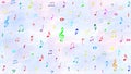 Vector Colorful Music Notes in Wavy Staves and Pastel Watercolor Pattern Background